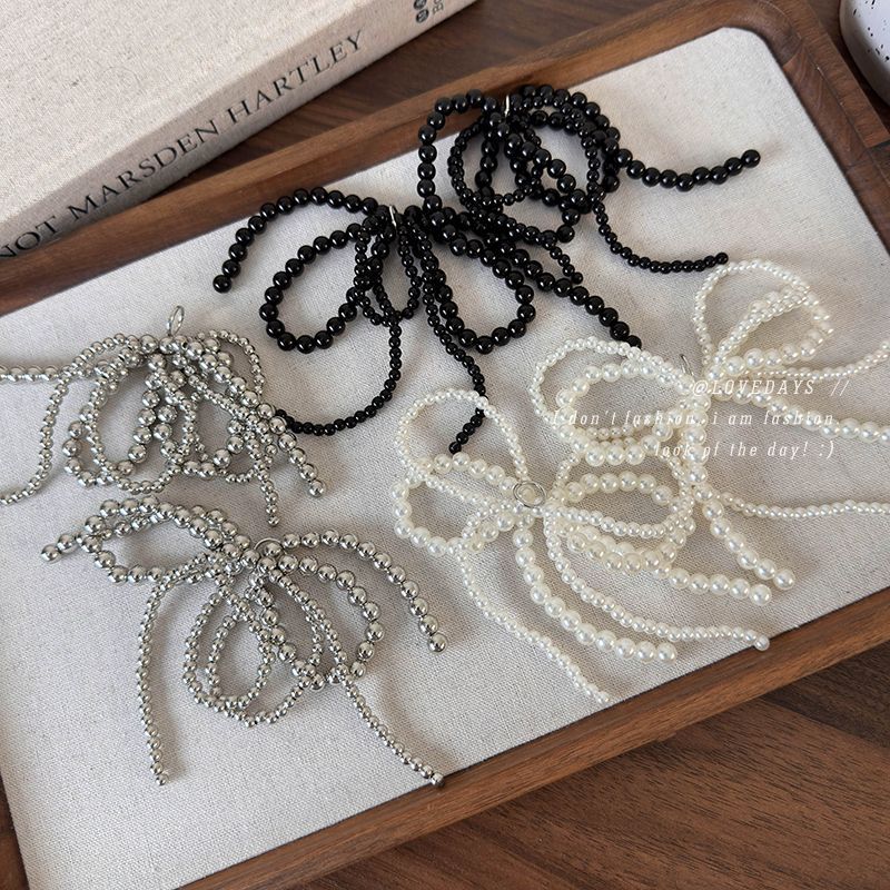 Tie Clip Silver - パールボウタッセルシューズチャームブラックホワイトシルバーファッション多用途スニーカーアクセサリーDIYシューズクリップデコレーションエレガントな女性用