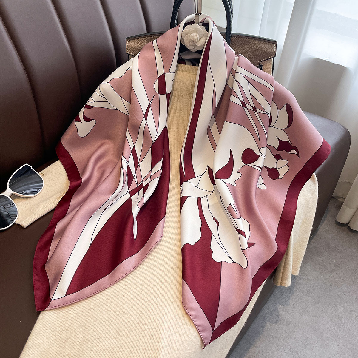 Scarf Silk Square - 高級90*90cm正方形スカーフ、ツイルシルクのような肌触り、花柄プリントネックスカーフ、女性用ヘッドショール、ラップ、ヒジャブ、バンダナ、パシュミナ