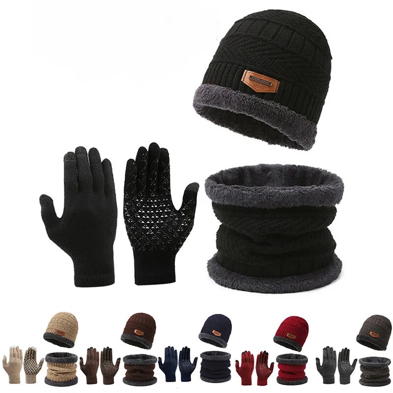 Muffler Men Wool - 男性用防風カシミアニット帽、ネックスカーフ、手袋、屋外旅行、レジャー、暖かい、3ピース、1プラス、冬