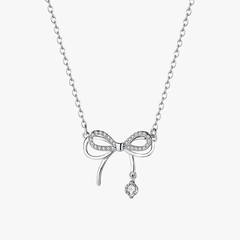 Tie Clip Silver - リアルマネー 925 スターリングシルバー女性のネックレス弓デザインネックレスペンダントシャイニングジルコンウェディングジュエリー最高のギフト