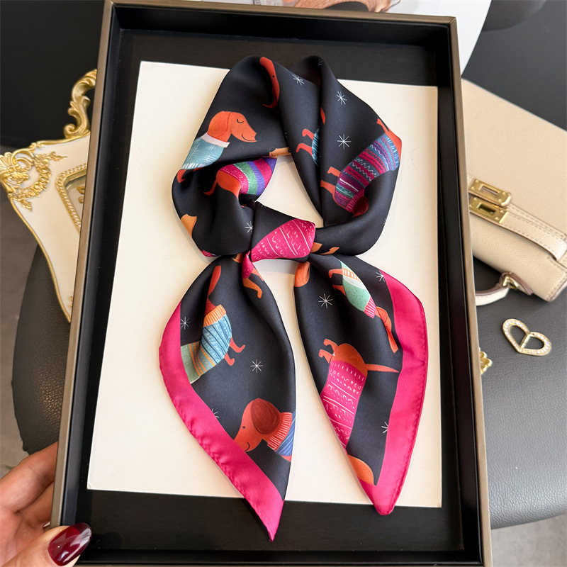 Scarf Silk Square - ファッションウインナー犬プリントバンダナスカーフ女性エレガントシルクネッカチーフヒジャブヘッドバンドスカーフ女性正方形スカーフ 70 センチメートル