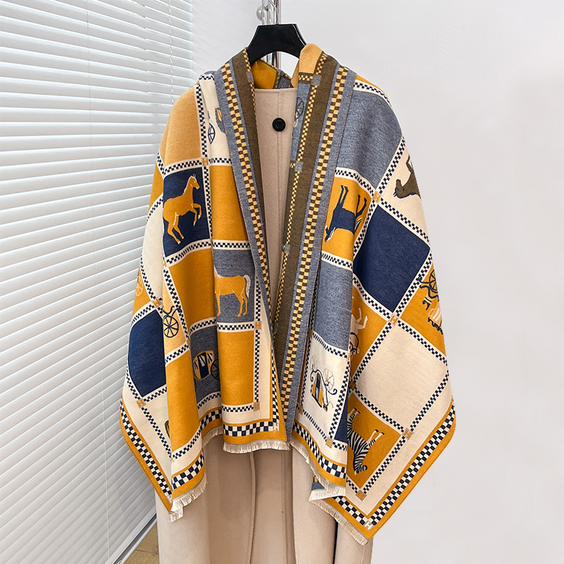 Woven Scarf Blanket - 高級暖かいポンチョカシミヤ冬の女性用スカーフ馬柄ショールラップ女性用厚手パシュミナブランケットブファンダトラベルエシャルプ2024