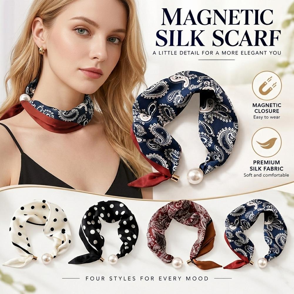 パールバックル付きシルクスカーフ、プリント柄の薄手ネックウォ - Scarf Silk Square のレビューと価格